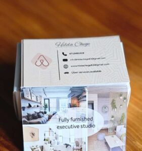 Card for “Hilda Chege” with contact info, Uber services note, and photos of furnished studio interiors.