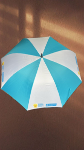 Turquoise and white umbrella printed with SOS Children’s Villages logo and National Director’s Award text, promotional merchandise for organizational branding.