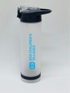 White reusable water bottle with blue SOS Children’s Villages logo and text, eco‑friendly promotional merchandise.