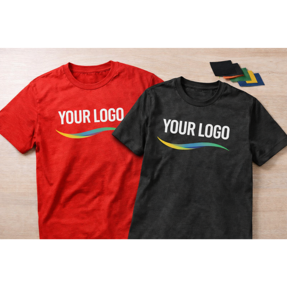 Two T-shirts laid flat, one red and one black, both printed with “YOUR LOGO” above a multicolored swoosh; fabric swatches in the corner show color options.