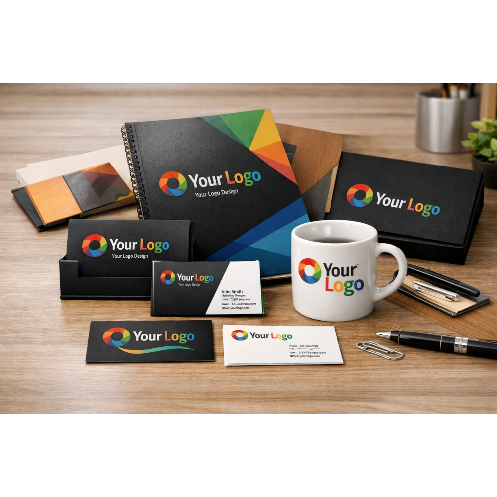 Notebook, business cards, mug, envelopes, folders, and pen, each with a circular logo and tagline “Your Logo Design.”